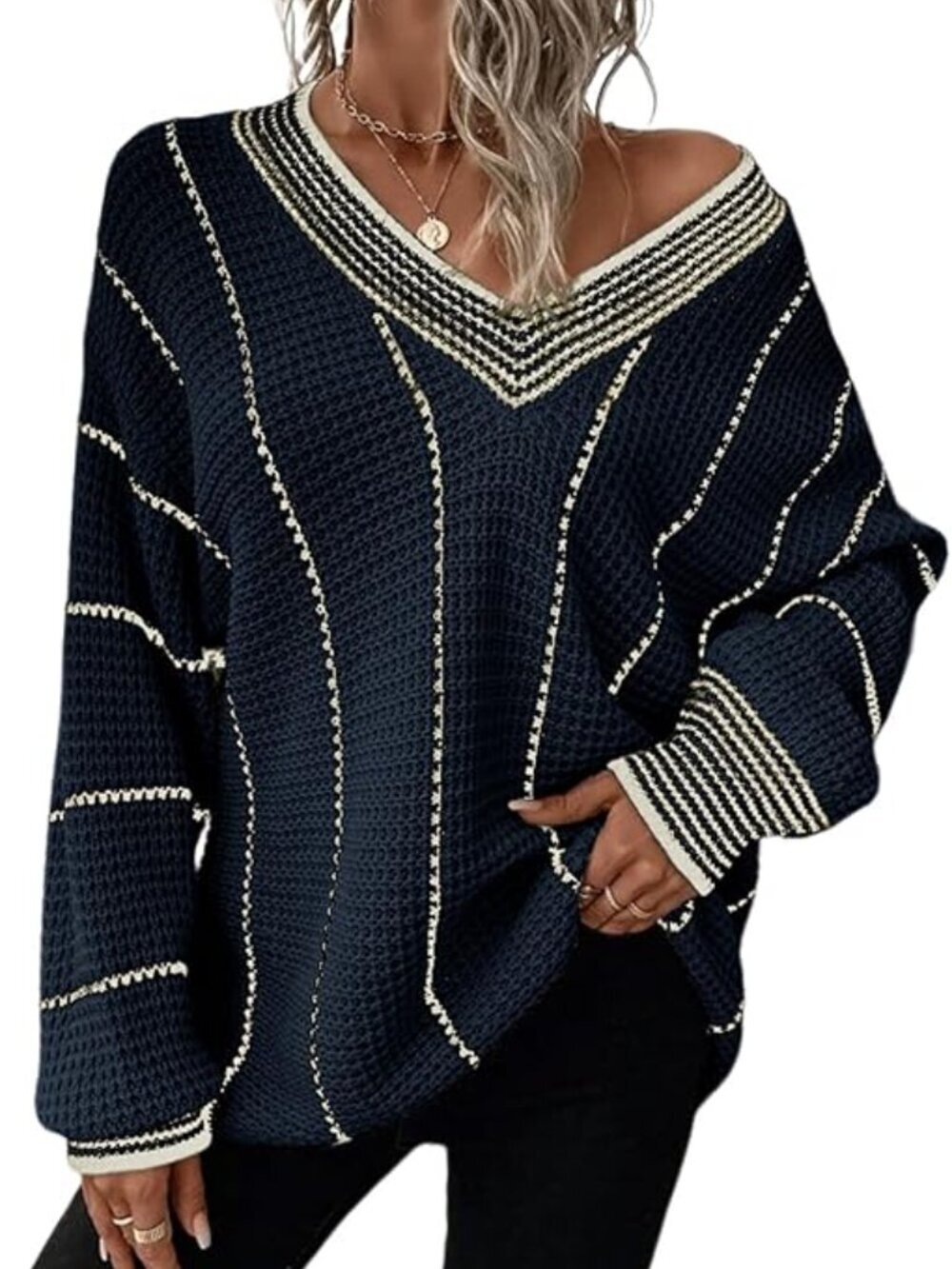 Dokotoo Women's Oversized Navy Blue Striped Sweater, Size 2XL, NWOT, Nautical